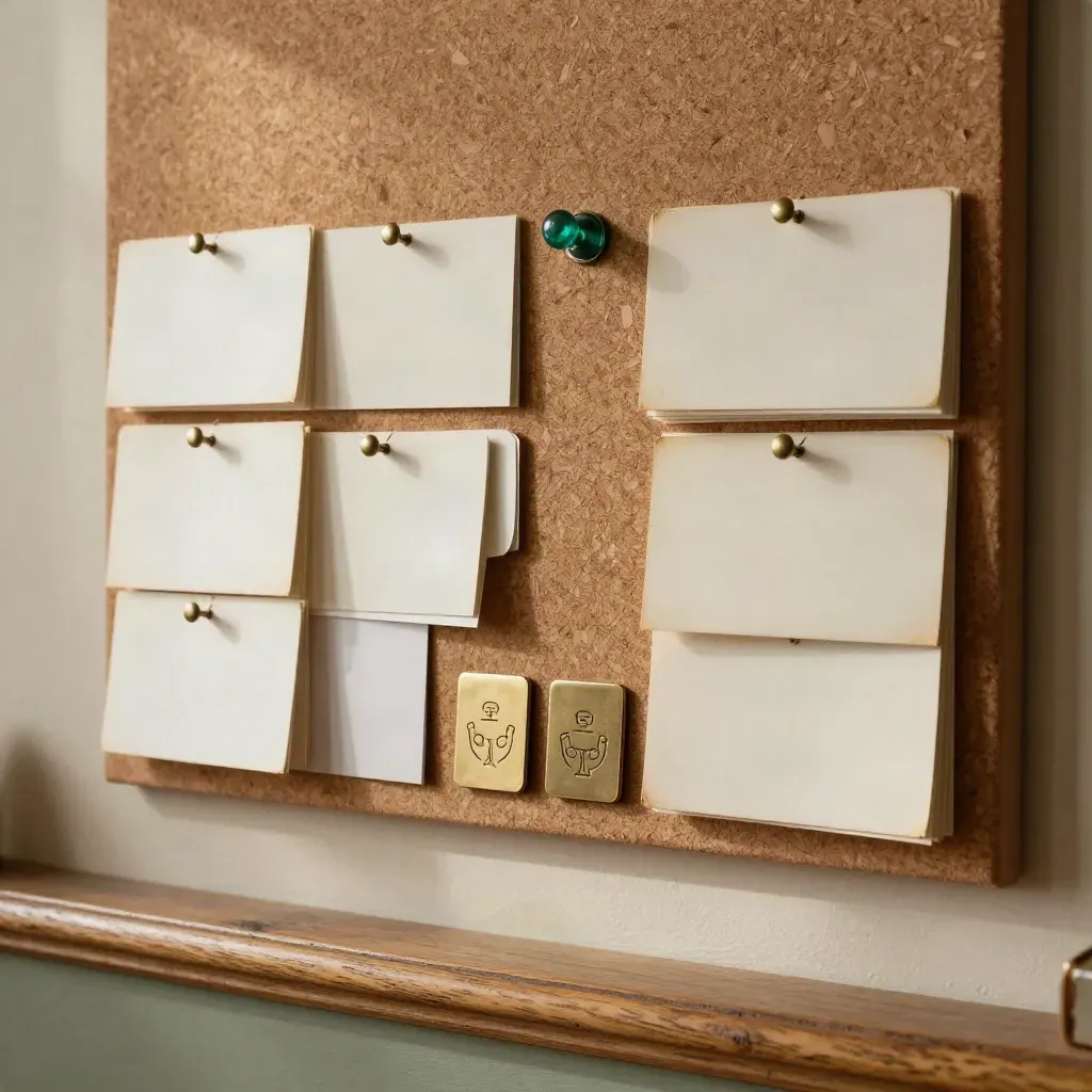 Cork pinboard with ivory contact cards and face-down seating markers in warm afternoon light.