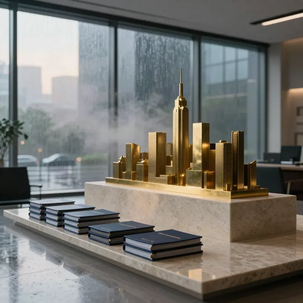 Brass skyline model and navy cases in a rain-washed finance lounge at dawn