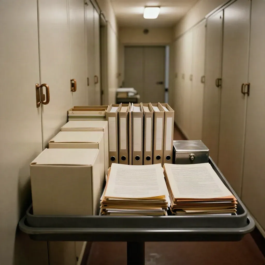 Archive sale room with buyer pack tray, closed cabinets and clean file boxes in moody light.