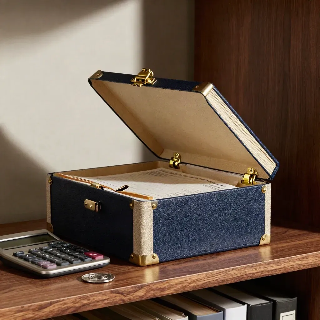 Ledger box, calculator and lease token on a walnut shelf under dramatic light