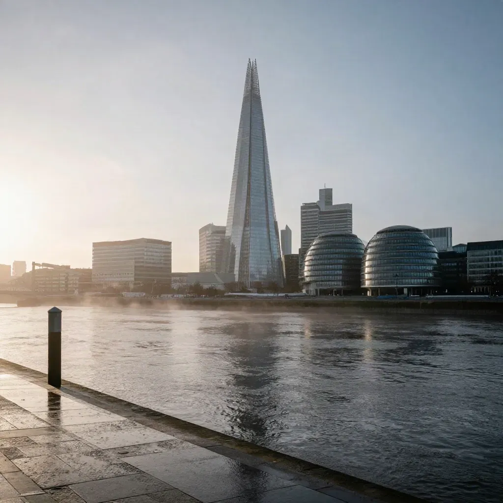 Dawn haze over the Shard and Canary Wharf above the wet Thames in London.