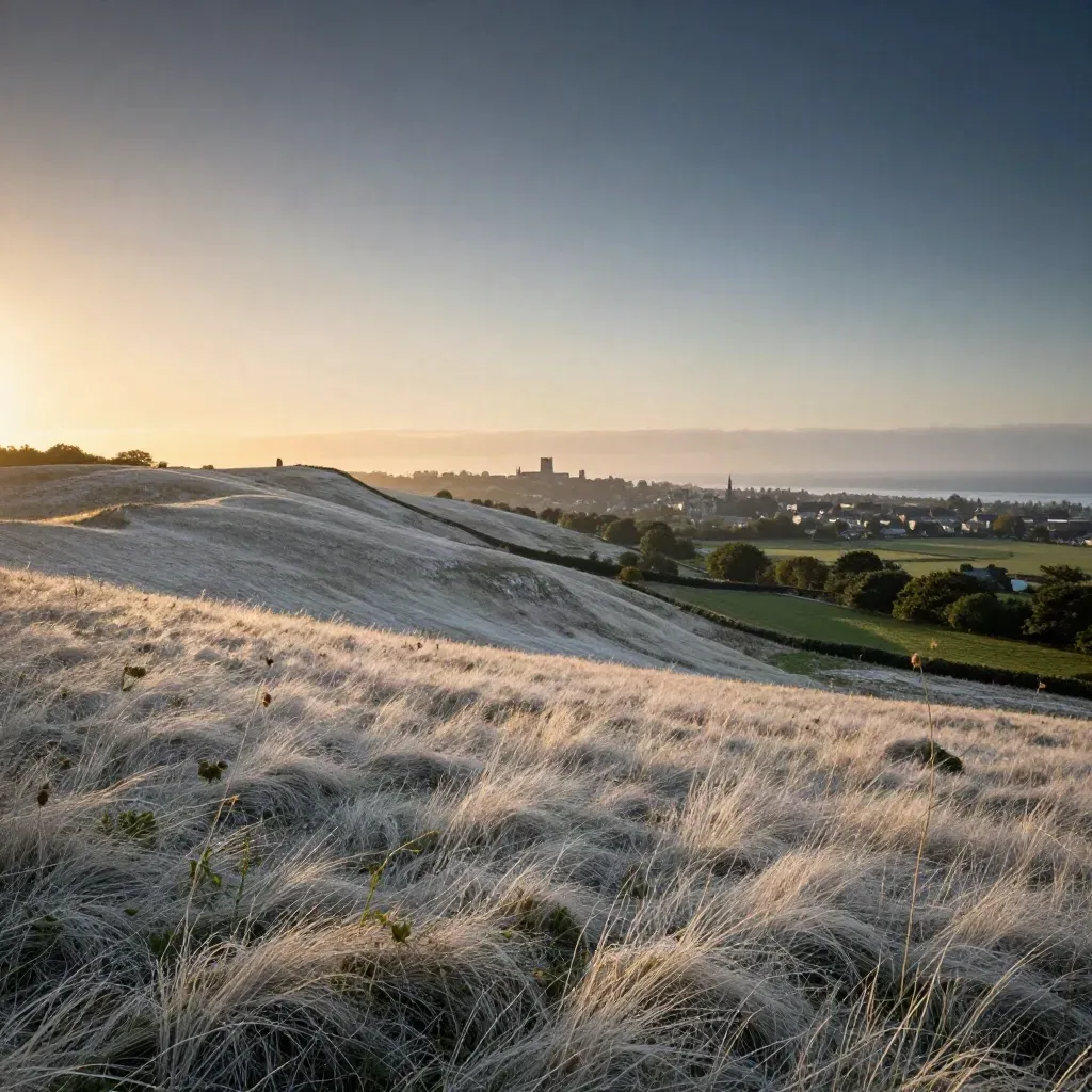 Golden chalk downs toward a cathedral town silhouette, with sea mist and warm sunset light.