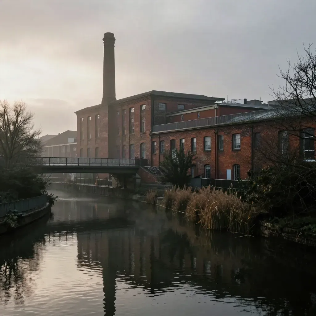 Hazy Birmingham canal and red-brick mills under a bright break in evening cloud.